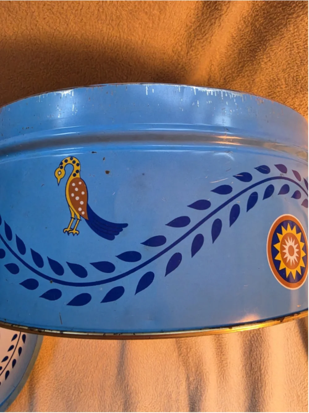 Vintage 1970s Pennsylvania Dutch Blue Metal Cookie Tin Tray Lid Folk Art Amish